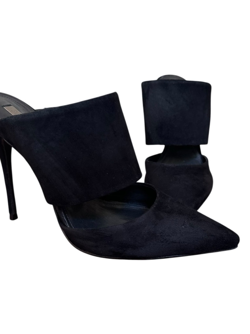 SCHUTZ Black Pointed Suede Mule Heels with Wide Strap